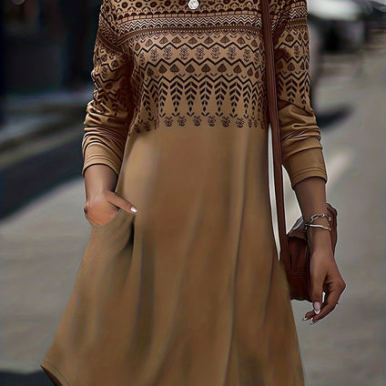 Ethnic Print Crew Neck Dress, Vintage Long Sleeve Dress For Spring & Fall, Women's Clothing