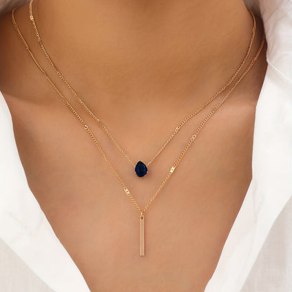 Simple Teardrop Shape Zircon Long Rod Pendant Double Layer Chain For Women Girls