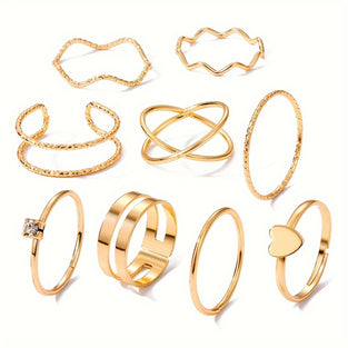 9pcs/Set Luxury Simple Finger Ring Gift Love Synthetic Gems Embellished Ring Accessories Love Wave Rings