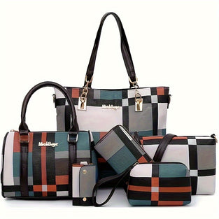 6pcs/set Large Capacity Checkered Pattern Shoulder Bag With Simple Handbag, Crossbody Bag, Clutch Bag, Long & Short Wallet