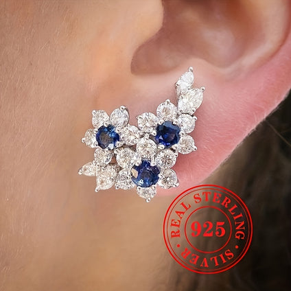 4.6g S925 Sterling Silver Blue Synthetic Gemstone Cluster Earrings, Women's Casual Party Jewelry, Bling Bling Elegant Style Wedding Accessories