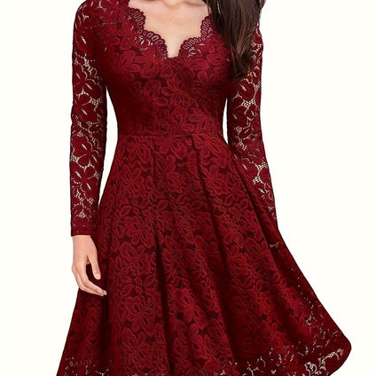 Contrast Lace A-line Solid Dress, Elegant Long Sleeve Dress For Party & Banquet, Women's Clothing