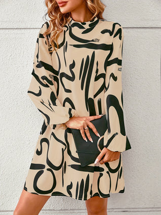 Brush Print Mock Neck Dress, Casual Long Sleeve Dress For Spring & Fall, Women's Clothing