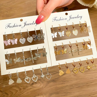 9pairs/set Hoop Earrings Heart Zircon Butterfly Pendant Design Alloy Earrings Cute Elegant Style Jewelry Trendy Gift For Women