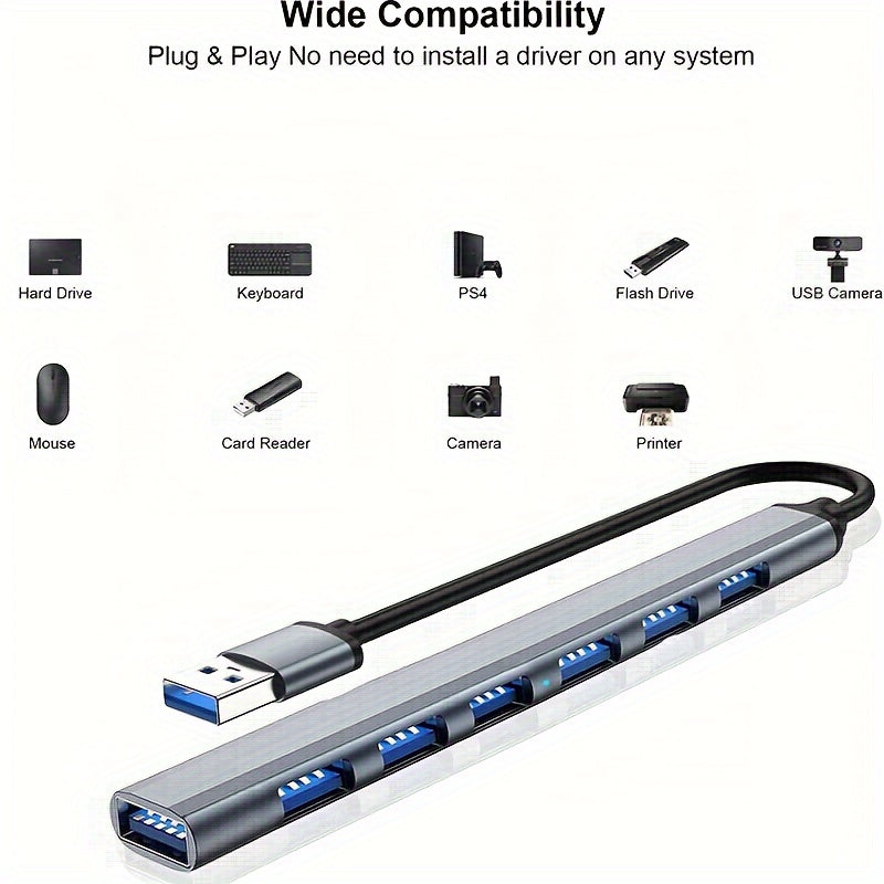 موزع USB 3.0 بـ 7 منافذ هيكل من سبائك الألومنيوم موزع متعدد لأجهزة اللابتوب والأجهزة اللوحية وأجهزة الكمبيوتر