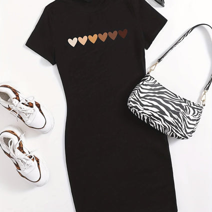 Heart Print Bodycon Dress, Casual Short Sleeve Dress For Spring & Summer, Women's Clothing