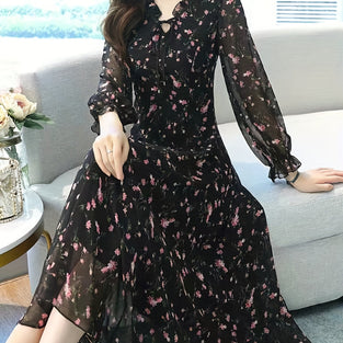 Ditsy Floral Print Dress, Elegant Lantern Sleeve V Neck Midi Dress, Women's Clothing