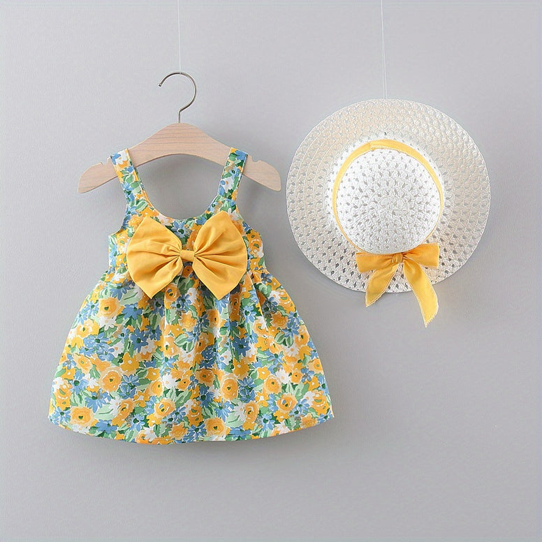 Sweet and Stylish: Puffy Cami Dress with Bow Hat for Baby Girls