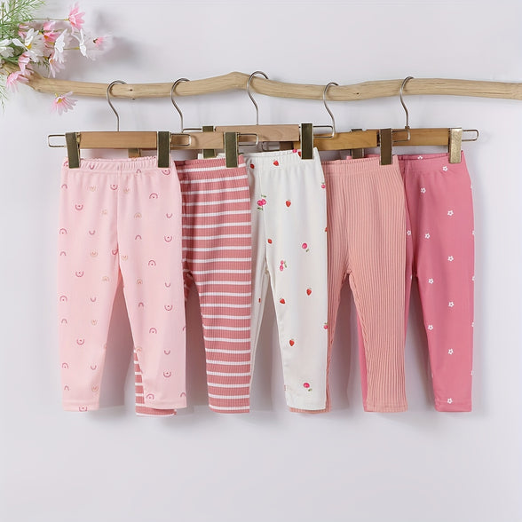 5PCS Baby's Casual Ribbed Pants: Solid Color, Stripe, Rainbow, Flower, Strawberry, Cherry Pattern, Elastic Waist Trousers – Toddler & Infant Girls Clothing