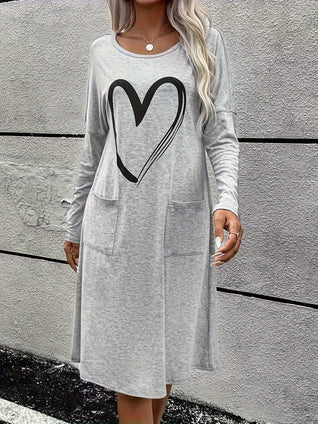 Heart Pattern Crew Neck Dress, Casual Long Sleeve Pockets Dress For Spring & Fall, Women's Clothing