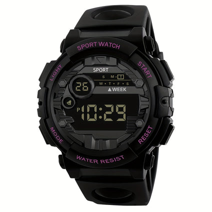 Sporty Digital Watch: Alarm, Calendar, 12/24 Hour Display, Water-Resistant, Light-Up Feature