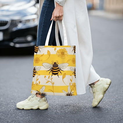 1pc, Canvas Hardworking Bee Print Tote Bag Large Women's Casual Reusable Shoulder Bag Tote Bag With Zipper Casual Tote Bag Shopping Travel Beach Cloth Bag, Large Tote Top Handle Shoulder Bags, Shopping Travel Work Reusable Portable Tote Bag