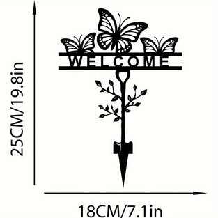 1: علامة ترحيب فراشة حديدية سوداء ، وتد حديقة ، فن معدني مزخرف للفناء الخارجي ، زخرفة عشب مقاومة للصدأ ، تصميم ثلاثي الأبعاد حديث ، ديكور حديقة مقاوم للماء