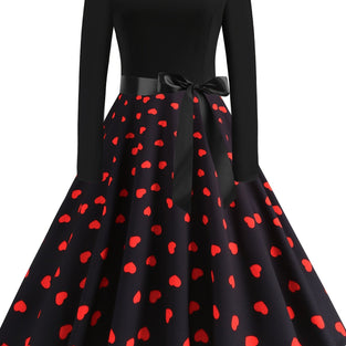 Heart Print Bow Waist Dress, Vintage Crew Neck Long Sleeve Flared Dress, Women's Clothing