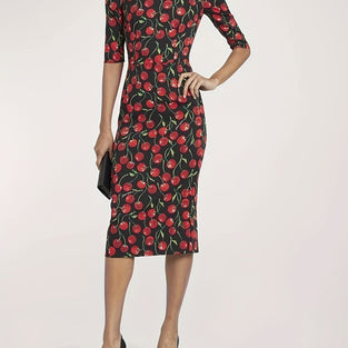 Cherry Print Bodycon Pencil Dress, Elegant Half Sleeve Dress For Spring & Summer, Women's Clothing