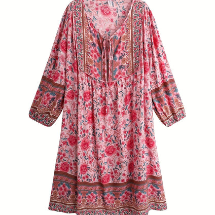 Plus Size Boho Dress, Women's Plus Floral Print Boe Knot Long Sleeve V Neck Slight Stretch Dress