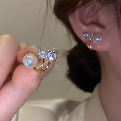 Shiny Zircon Imitation Pearl Stud Earrings Zinc Alloy Ear Jewelry Elegant Style Exquisite Earrings For Women