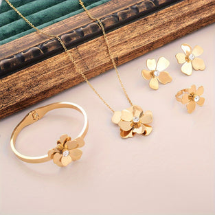 Exquisite Golden Flower Design Stud Earrings & Pendant Necklace & Ring & Bangle Elegant Style Delicate Holiday Accessories