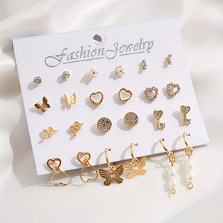 12pairs Love Heart Snake Butterfly Imitation Pearl Design Earrings Set Minimalist Compact Exquisite Casual Style Ear Jewelry