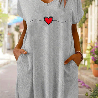 Heart Print Side Pockets T-shirt Dress, Short Sleeve V Neck Casual Dress For Summer & Spring, Women's Clothing