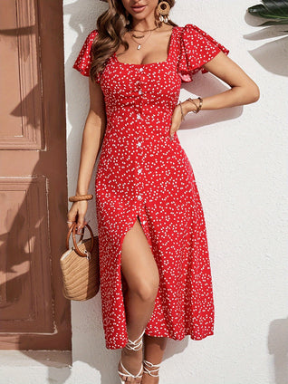 Heart Print Square Neck Dress, Elegant Short Sleeve Button Front Dress For Every Day, Women's Clothing