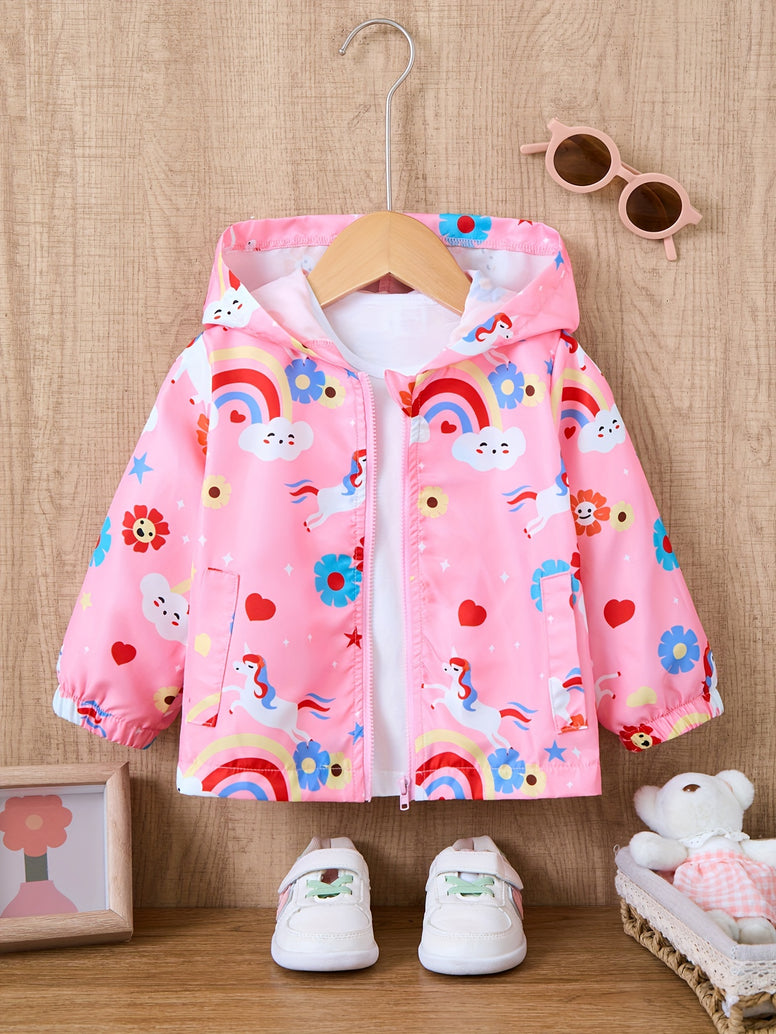 Adorable Cartoon Graphic Hooded Windbreaker