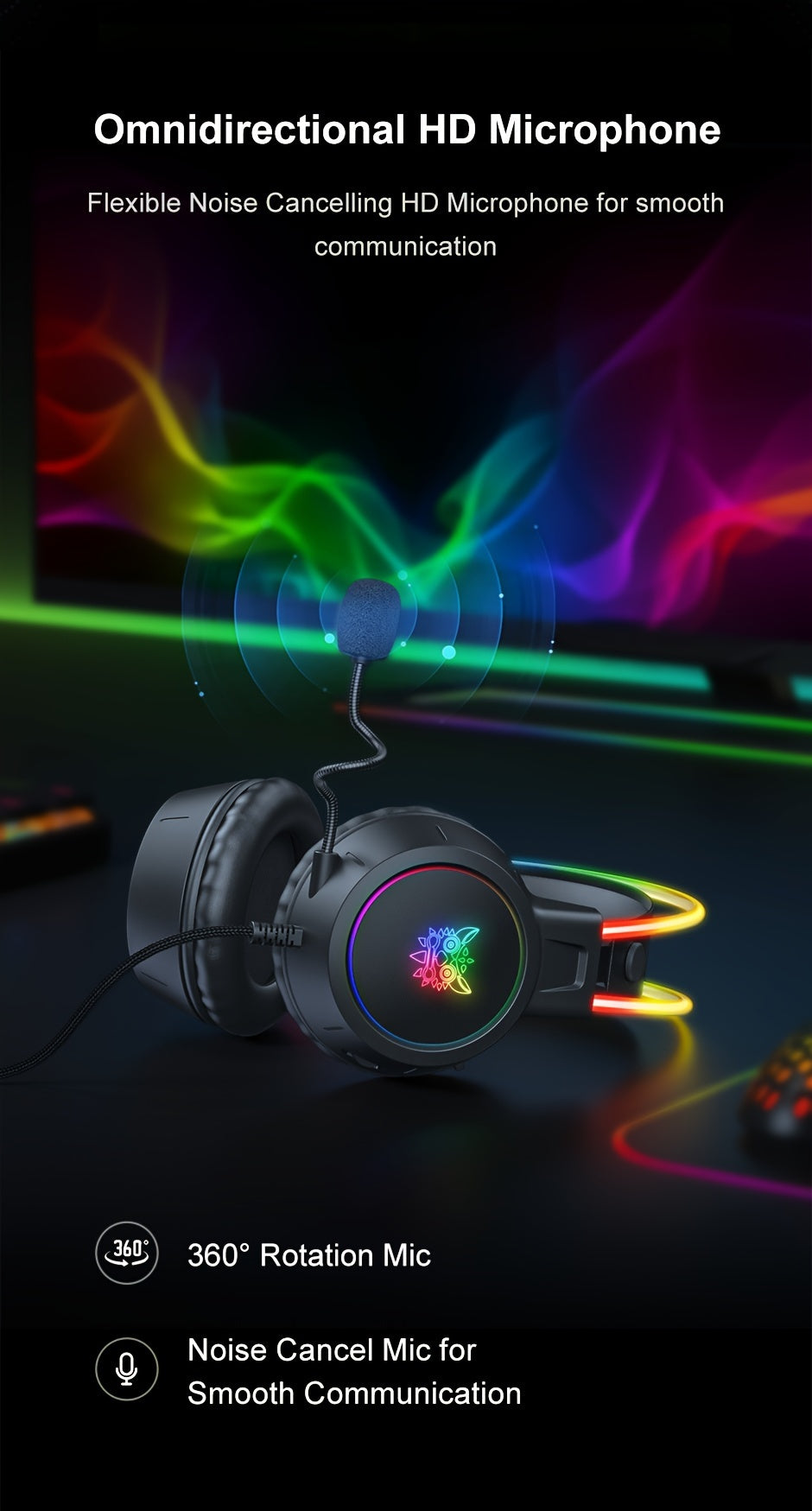 Ultimate Gaming Experience: Onikuma Double Head Beam Noise Cancelling Stereo Surround Headphones with RGB Lighting