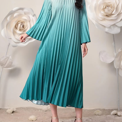 Gradient Pleated Dress, Elegant Crew Neck Long Sleeve Dress, Women's Clothing