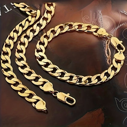 Bracelet + Necklace Hip Hop Style Jewelry Set 18k Plated Trendy Cuban Chain Design Suitable For Men And Women Party Accessories
