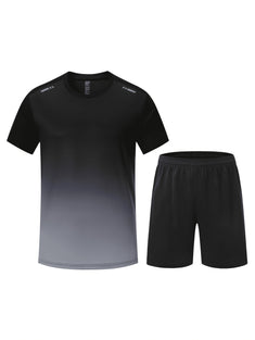 Men's Gradient Sports Set: Quick Dry Ice Silk T-Shirt and Shorts for Running, Basketball, and Fitness