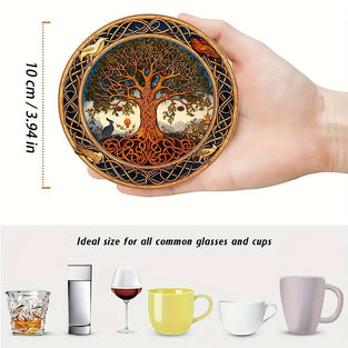 8pcs Minimalist Wooden Coaster Set with Tree of Life Design - Non-Slip, Heat-Resistant Drink Mats for Home & Office Decor