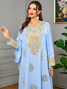 Ramadan Floral Print V Neck Kaftan, Elegant Batwing Sleeve Maxi Dress, Women's Clothing