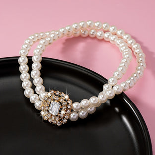 Shiny Rhinestone Flower Anklet with Double Layers Pearls