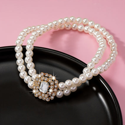 Shiny Rhinestone Flower Anklet with Double Layers Pearls