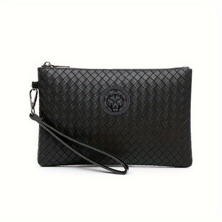 1pc High-end PU Leather Black Handbag, Men's Argyle Pattern Envelope Bag, Woven Pattern Men's Clutch Bag, Business Commuter Briefcase