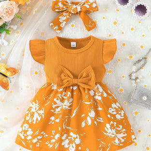 BABY'S FLOWER PATTERN SPICING CASUAL COTTON DRESS WITH HEADBAND BOWKNOT - PERFECT SUMMER OUTFIT FOR INFANT TODDLER GIRLS