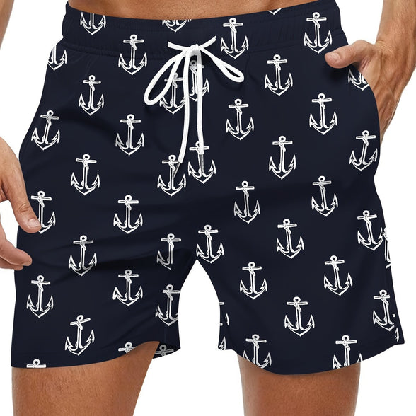 Men's Trendy Hawaiian Anchor Print Swim Shorts for Summer Fun