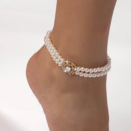 Shiny Rhinestone Flower Anklet with Double Layers Pearls