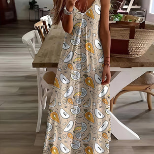 Fruit Print Spaghetti Strap Dress, Vacation Sleeveless Loose Long Length Cami Dress, Women's Clothing