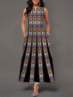 Abstract Print Maxi Dress, Casual Keyhole Sleeveless Dress, Women's Clothing