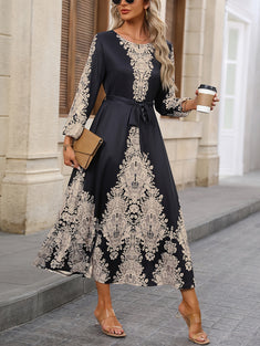 Ethnic Floral Print Dress, Elegant Crew Neck Long Sleeve Dress, Women's Clothing