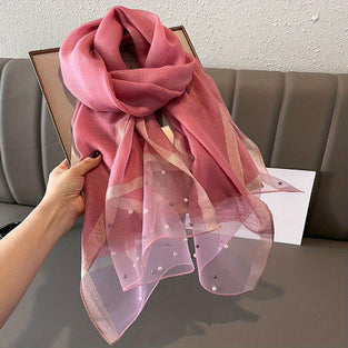 Faux Pearl Decor Chiffon Scarf Elegant Imitation Silk Shawl Shiny Color Block Head Wrap Hijab For Women