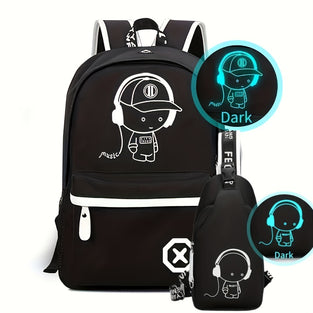 2pcs New Printed Luminous Student Backpack Set For Boys, Casual Shoulder Bag Chest Bag, Lightweight And Large Capacity School Bag