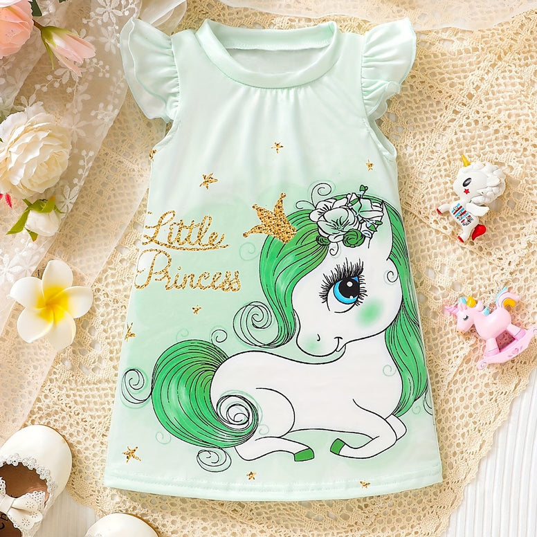 Baby Girls' Cute Unicorn Cartoon Print Ruffle Trim Dress: Perfect for Summer!