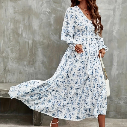 Floral Print Ruffle Trim Dress, Elegant V Neck Long Sleeve Dress, Women's Clothing