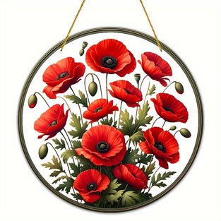 1pc, Red Flowers Suncatcher, Stained Window Hanging Decor,wall Art Decor, Indoor And Outdoor Decoration, Garland Decor, Porch Decor, Garden Decor, Yard Bedroom Office Home Decor, Gift For Friends, Housewarming Gift Ideas (8in*8in/20cm*20cm)