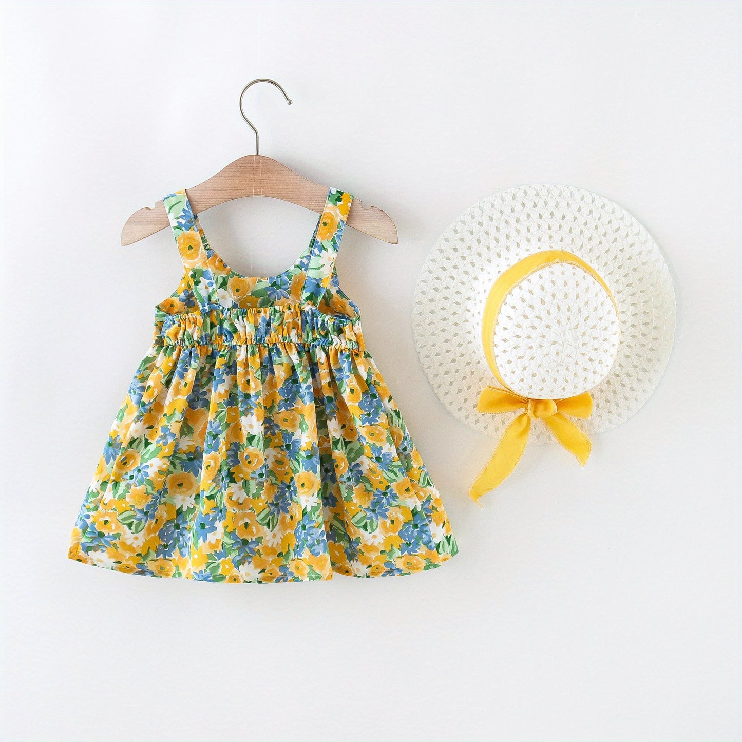 Sweet and Stylish: Puffy Cami Dress with Bow Hat for Baby Girls