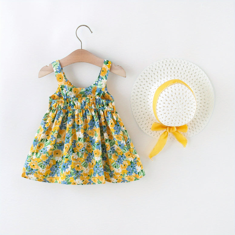 Sweet and Stylish: Puffy Cami Dress with Bow Hat for Baby Girls