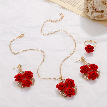 Rose Flower Jewelry Set Necklace Earrings Ring  14K Plated