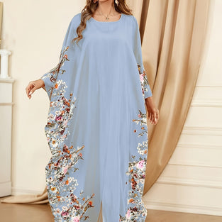 Ramadan Floral Print Crew Neck Kaftan, Elegant Batwing Sleeve Split Maxi Dress, Women's Clothing